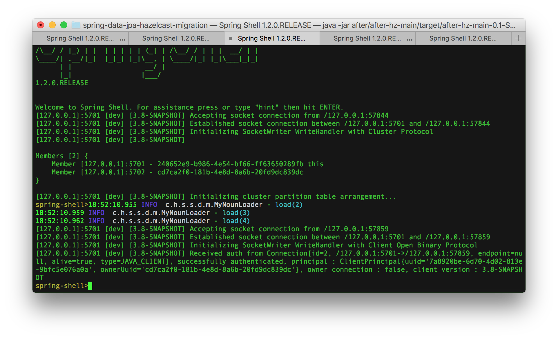 Image of the first Hazelcast showing data loading logging